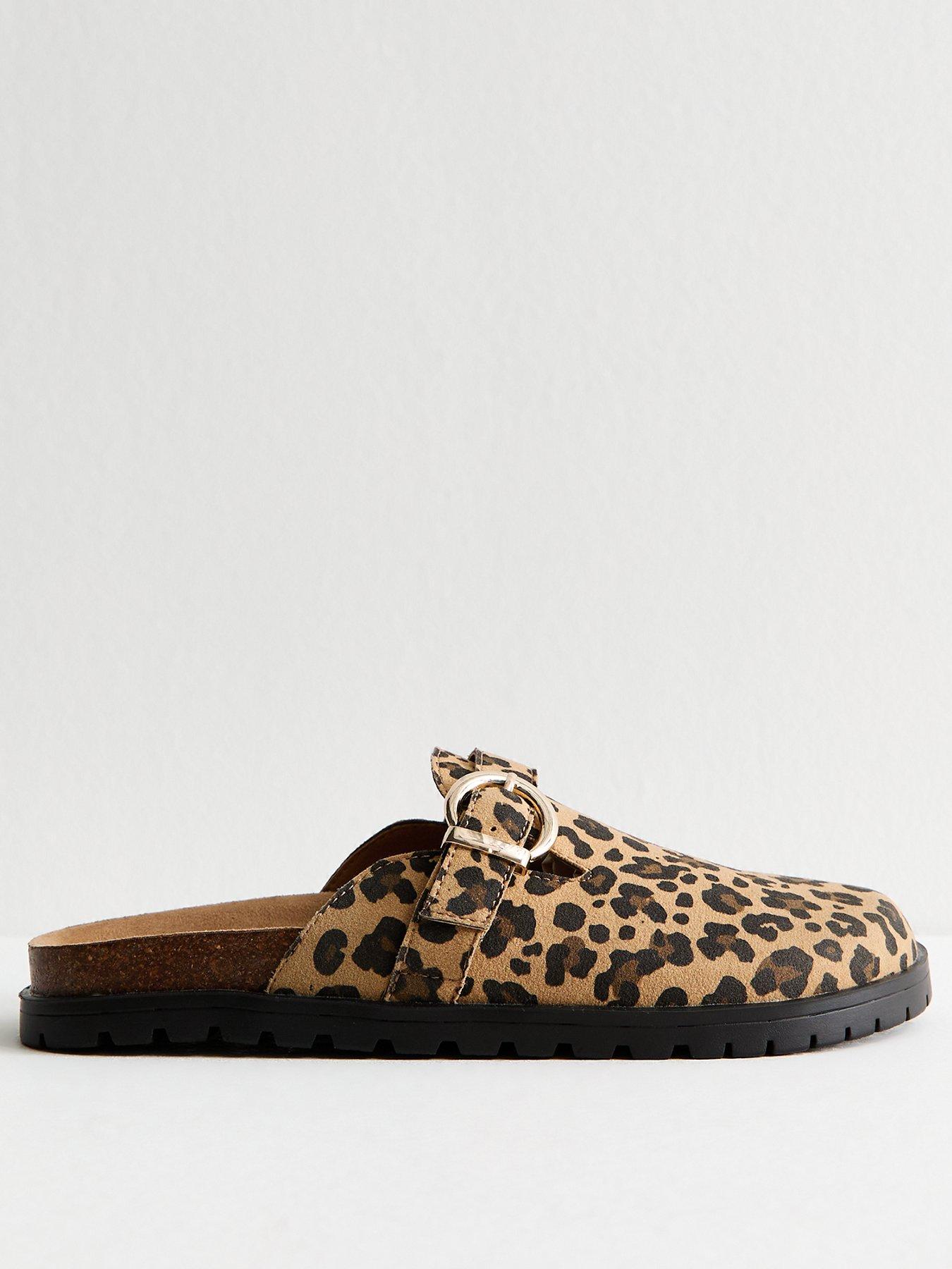 undefined Brown Leopard Print Suedette Buckled Clogs