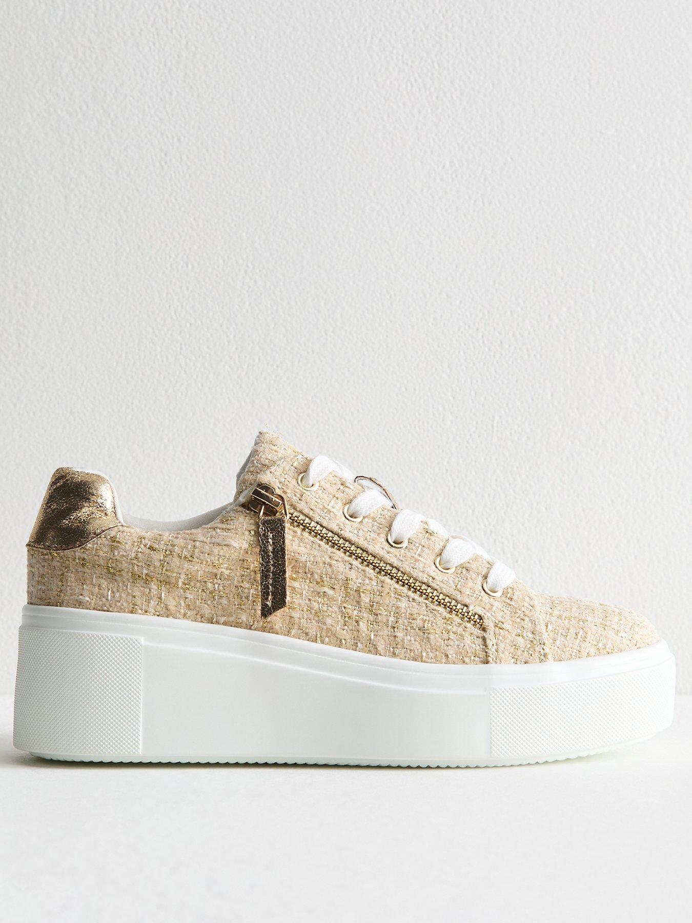 New Look Off White Boucle Flatform Trainers