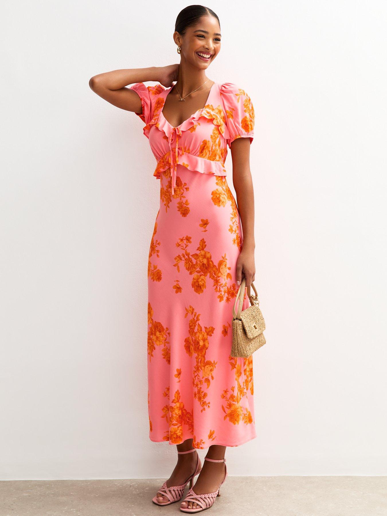Image 1 of 4 of New Look Pink Floral Print Ruffle Trim Milkmaid Midi Dress