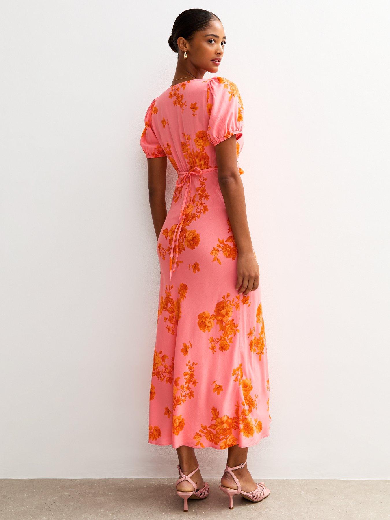 Image 2 of 4 of New Look Pink Floral Print Ruffle Trim Milkmaid Midi Dress