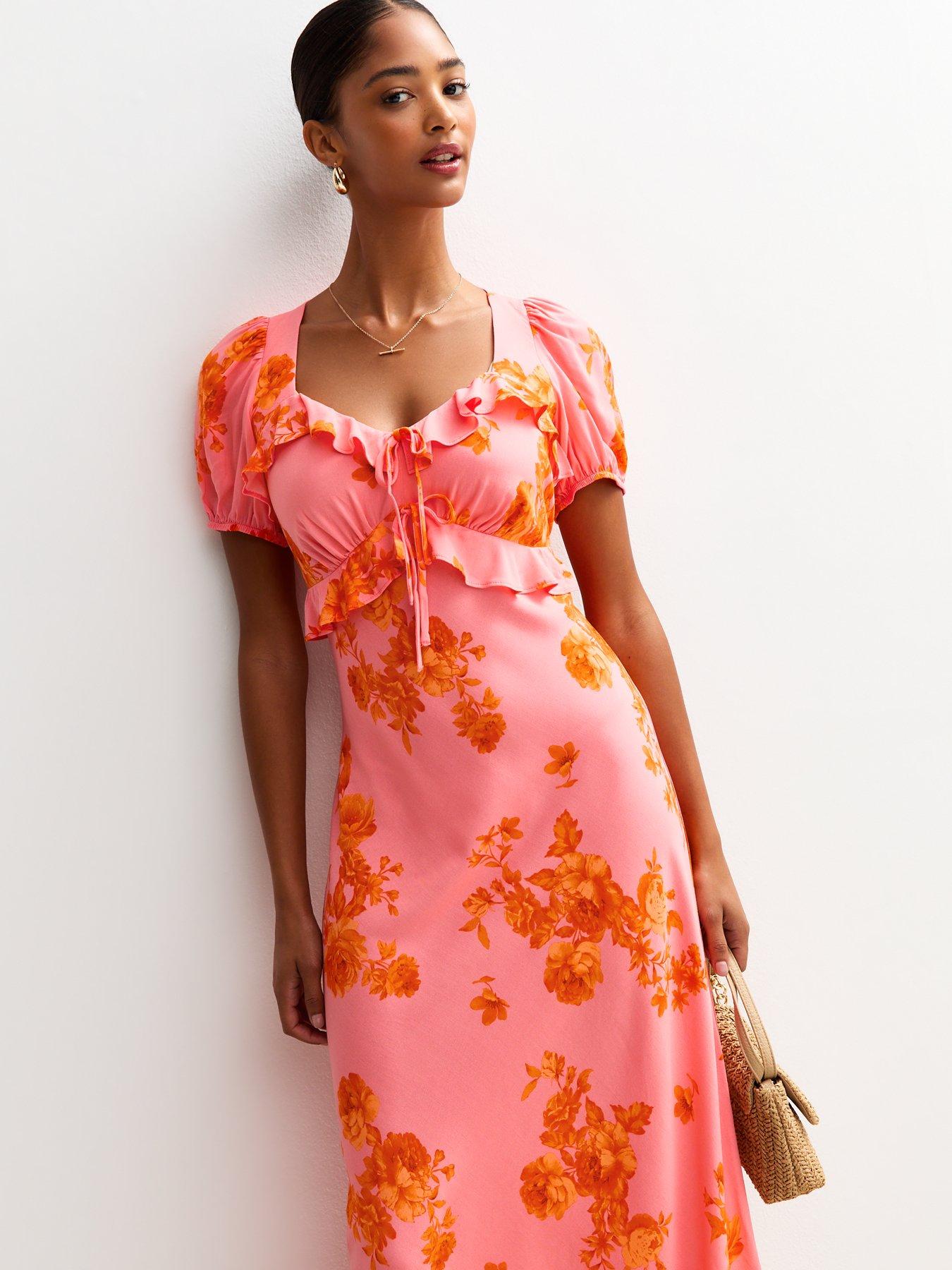Image 3 of 4 of New Look Pink Floral Print Ruffle Trim Milkmaid Midi Dress