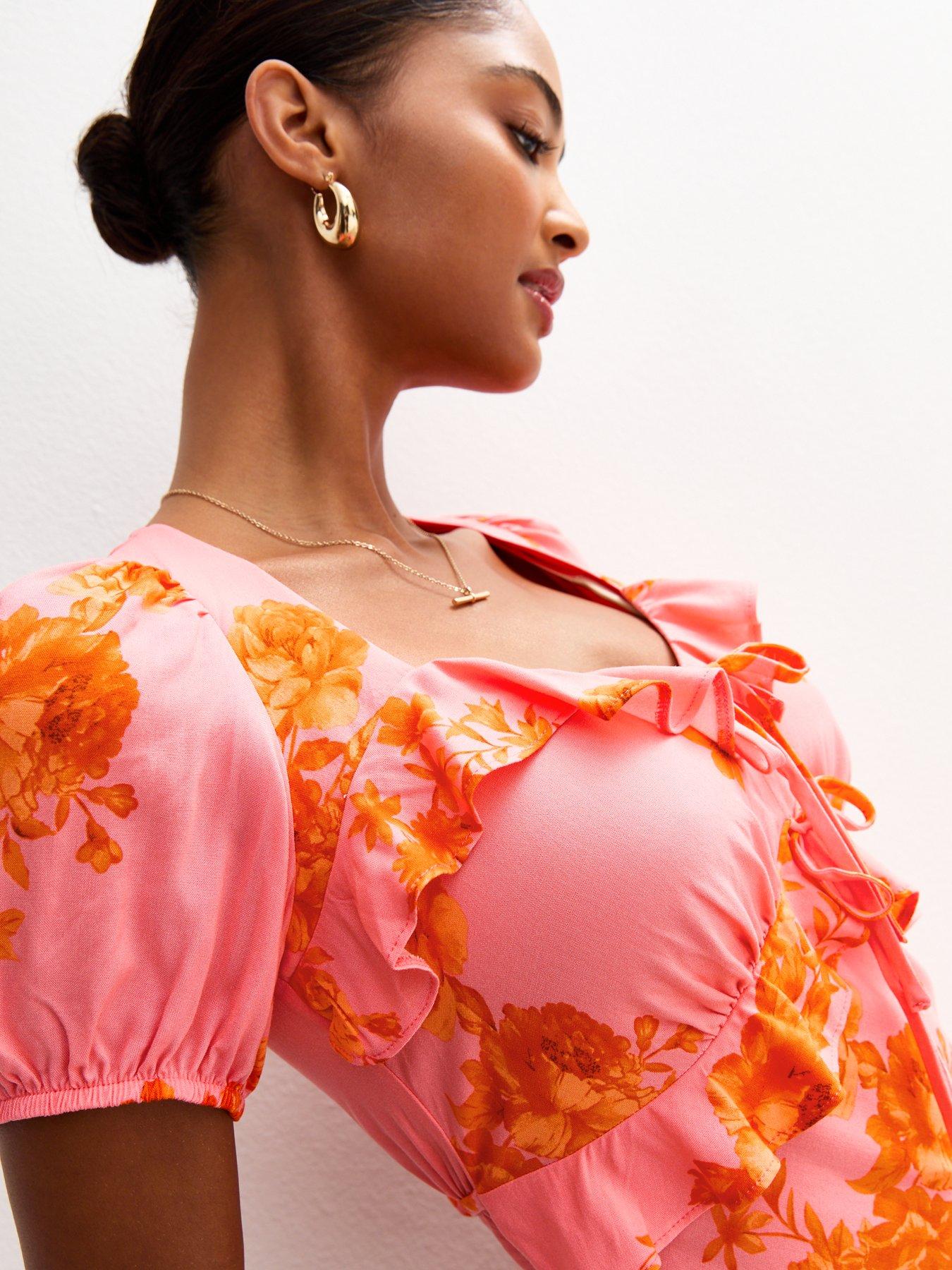 Image 4 of 4 of New Look Pink Floral Print Ruffle Trim Milkmaid Midi Dress