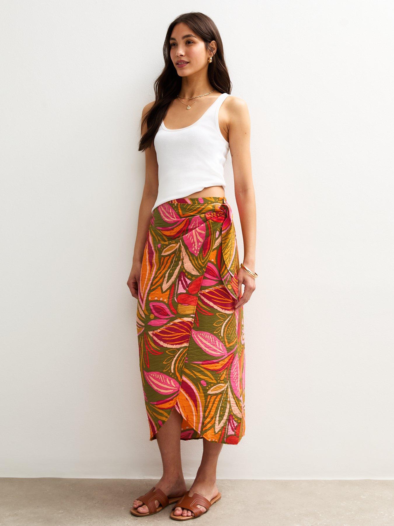 undefined Pink Leaf Print Midi Sarong Skirt