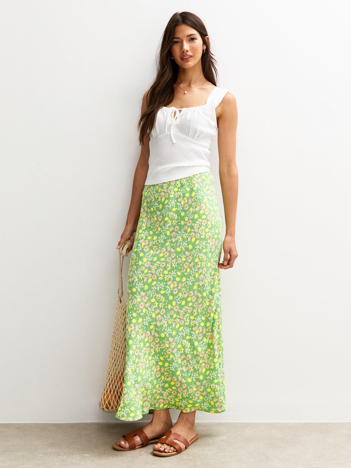 New Look Floral Lemon Print Bias Cut Midi Skirt Green Littlewoods
