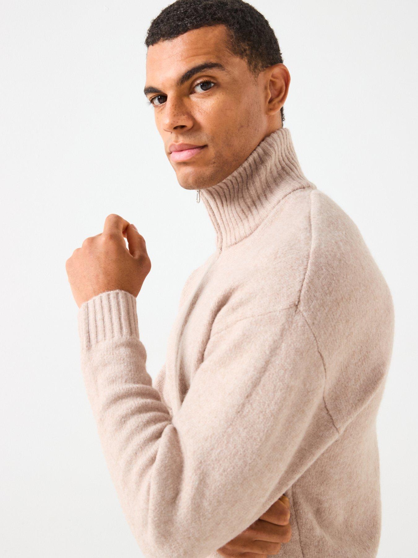  image of jack-jones-soho-ollie-melanged-14-zip-knitted-jumper-light-beige