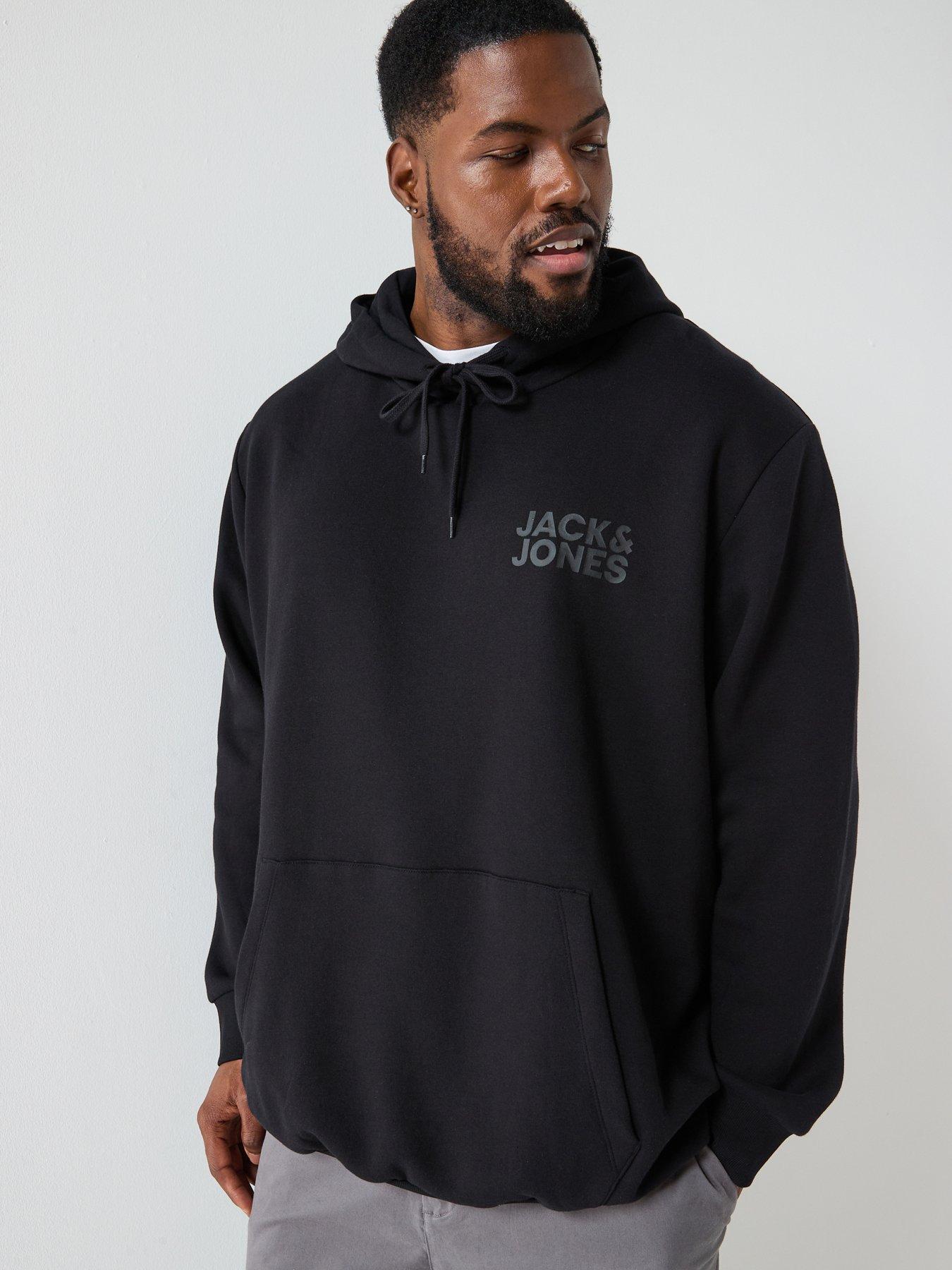 front image of jack-jones-plus-size-left-chest-tonal-logo-overhead-hoodie-black