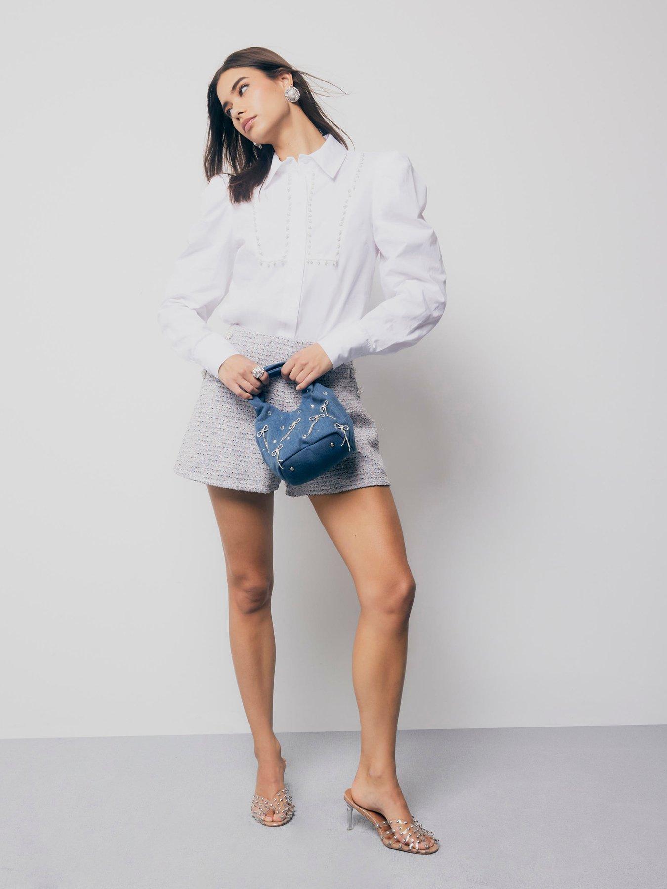 Image 2 of 4 of River Island Pearl Detail Long Sleeve Shirt - White