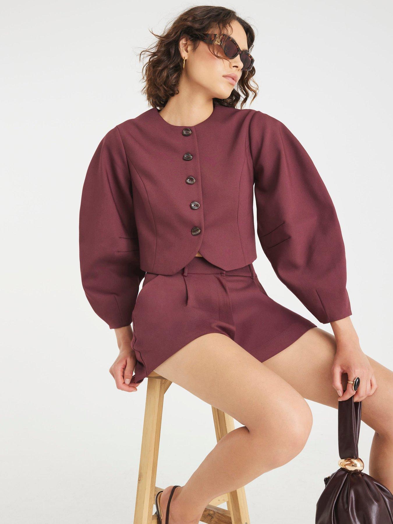 Image 1 of 4 of River Island Long Sleeve Banana Collarless Jacket - Purple