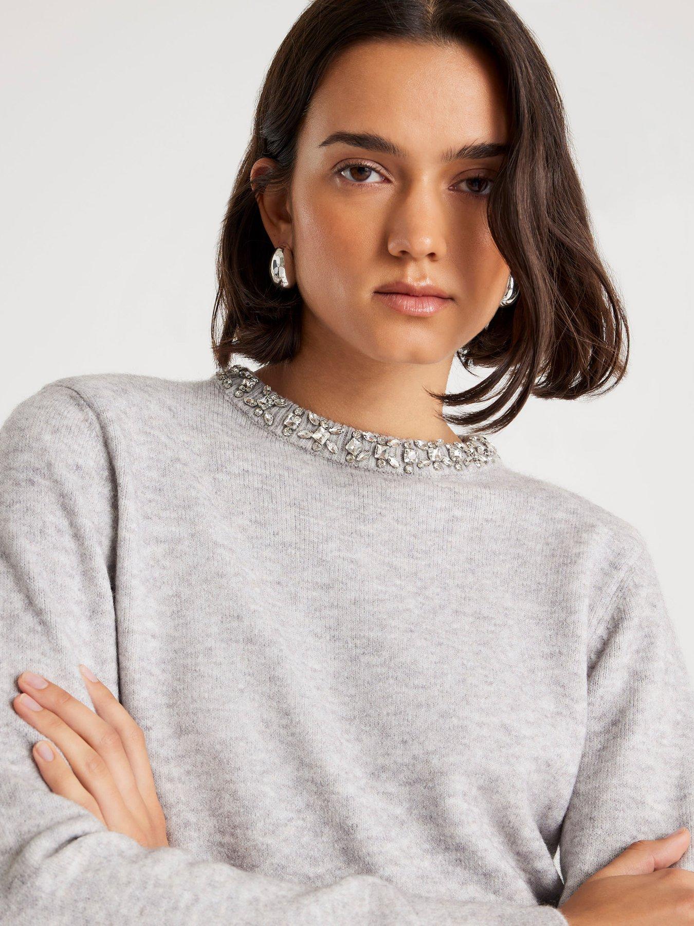  image of river-island-crew-neck-embellished-trim-jumper-grey