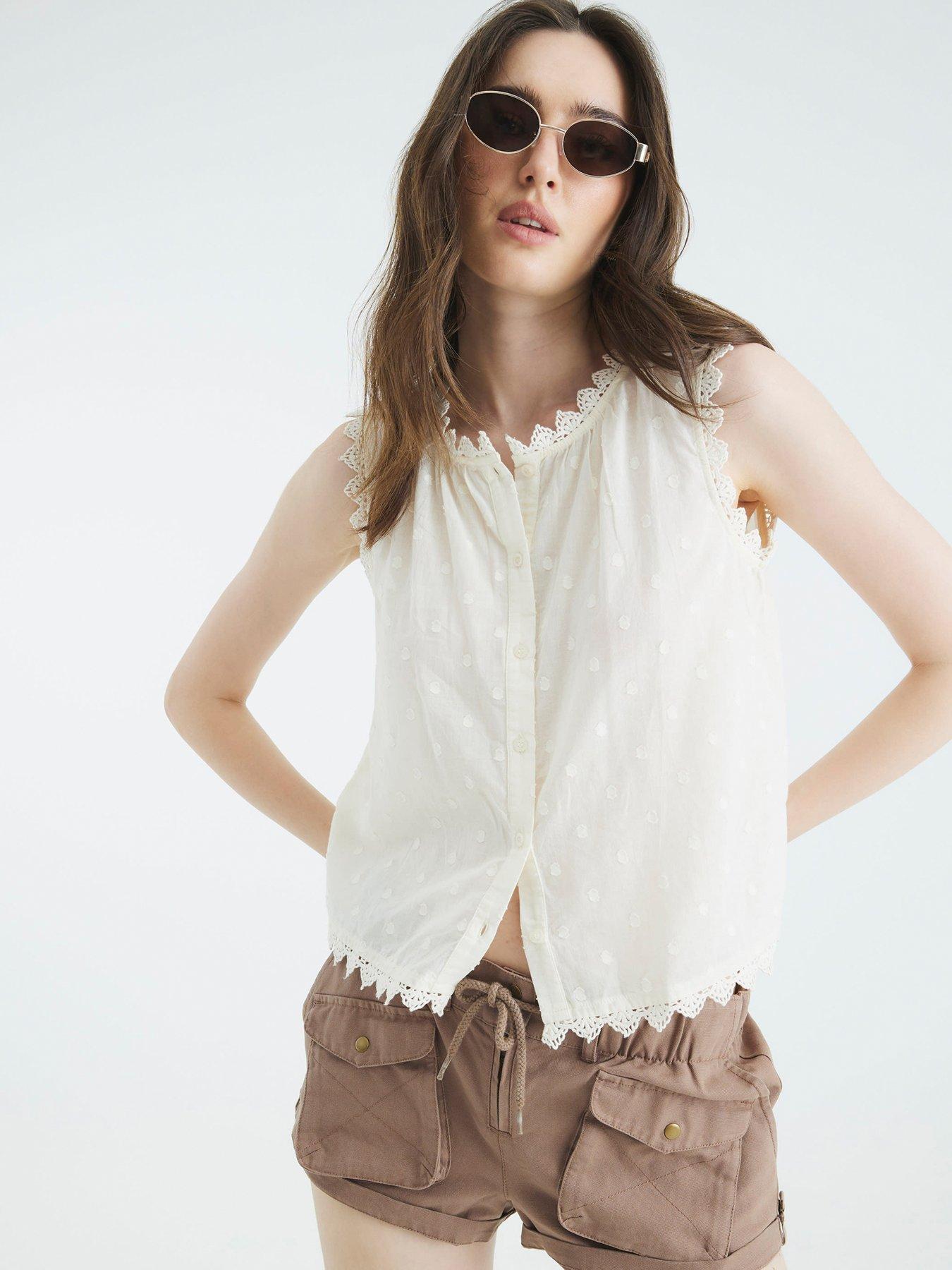 River Island Broderie Trim Blouse - Cream