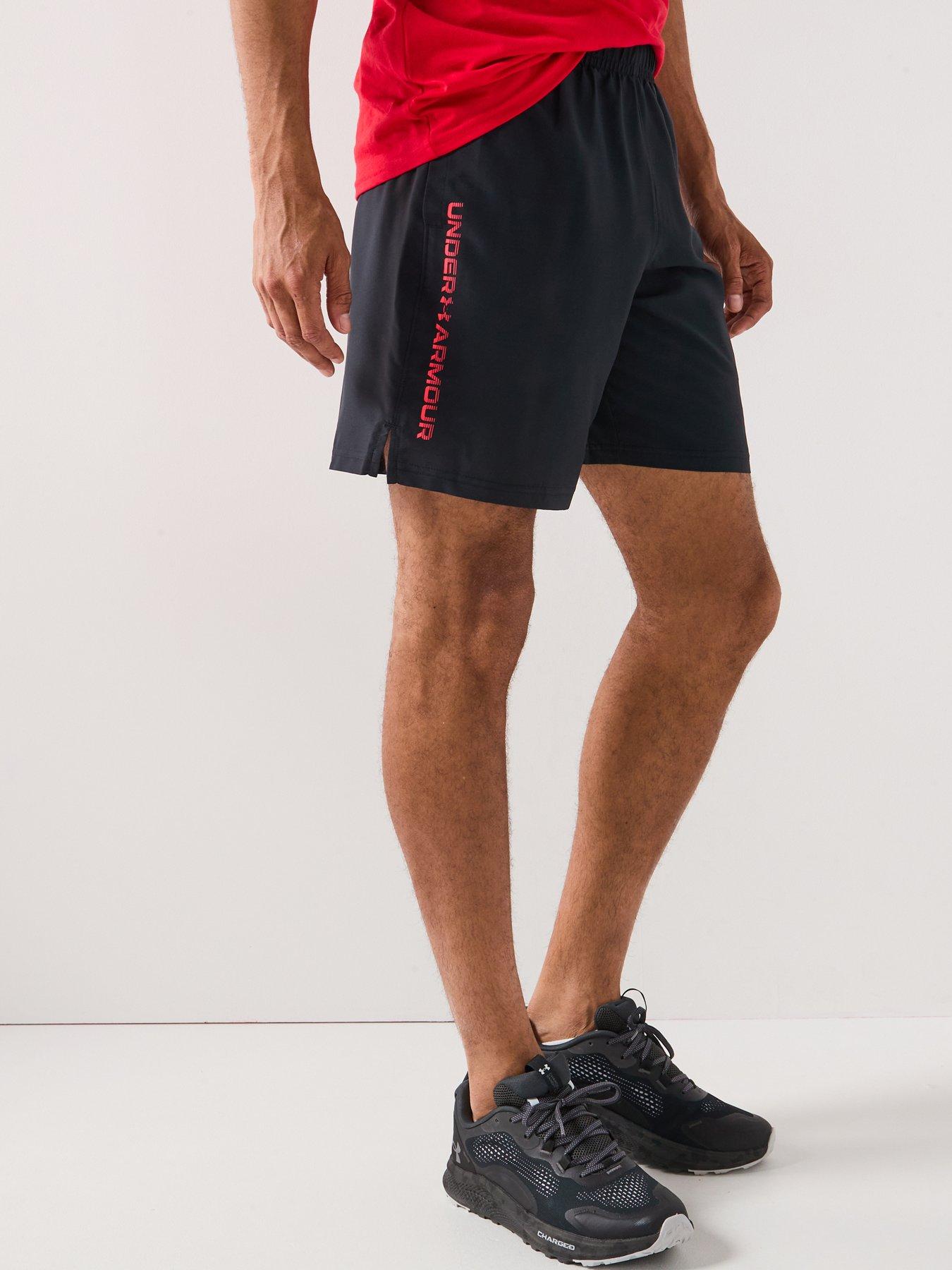 front image of under-armour-mens-training-tech-woven-wordmark-shorts-black
