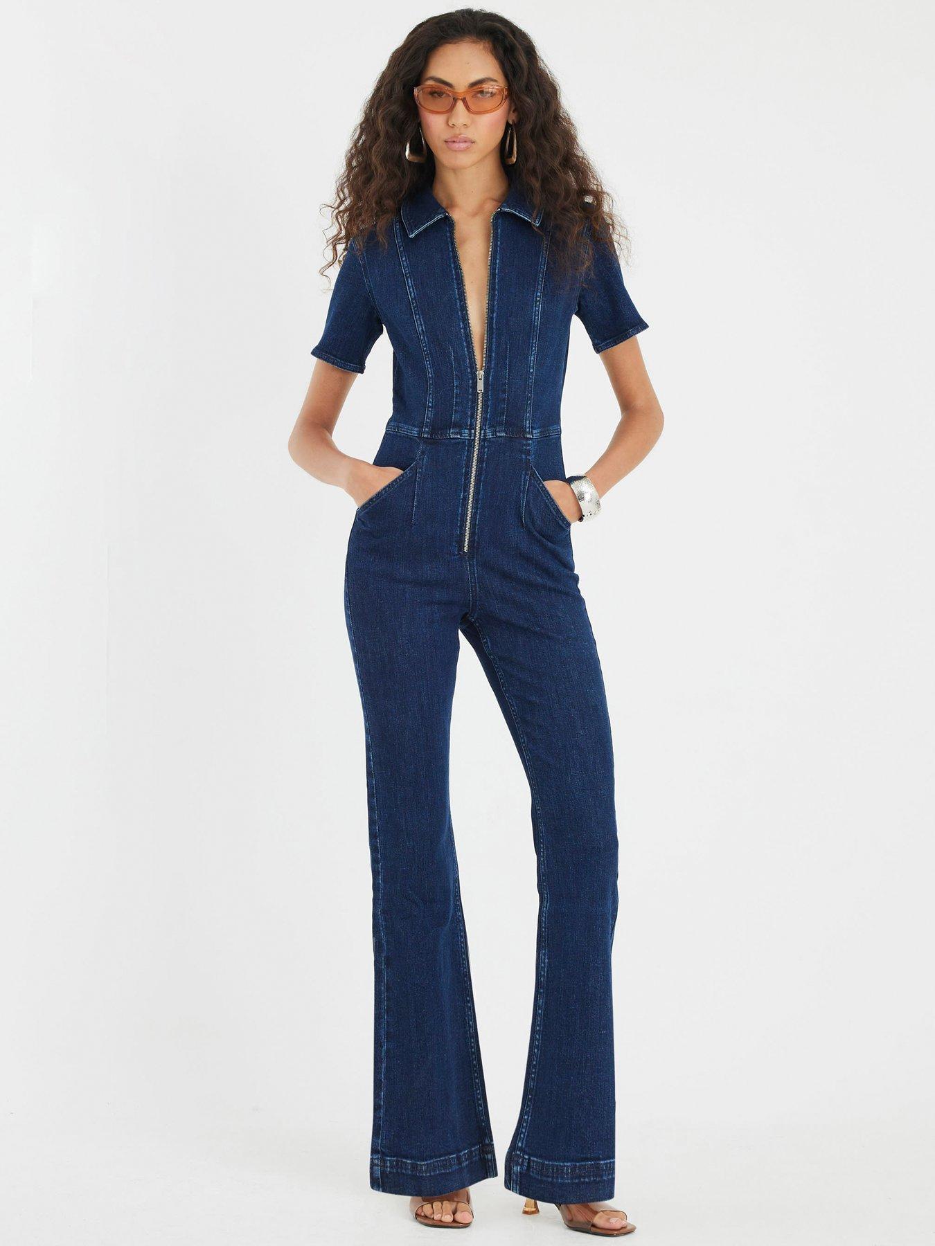 River Island Short Sleeve Johnson Seamed Zip Jumpsuit Blue