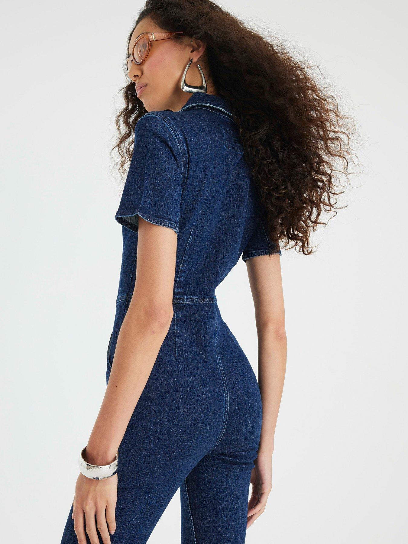 River Island Short Sleeve Johnson Seamed Zip Jumpsuit Blue