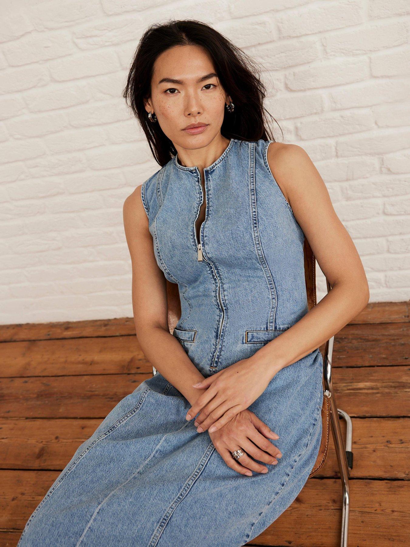 Mint Velvet Denim Column Zip Midi Dress - Blue | Littlewoods