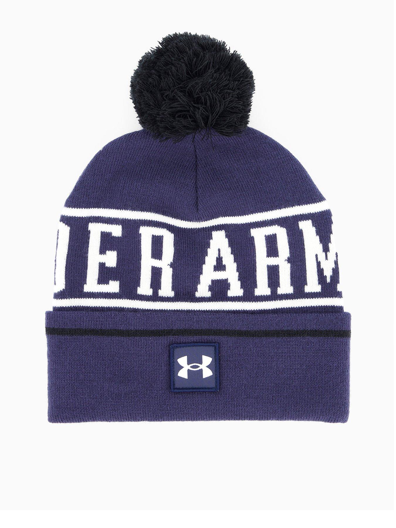 front image of under-armour-mens-training-halftime-pom-beanie-hat-navy