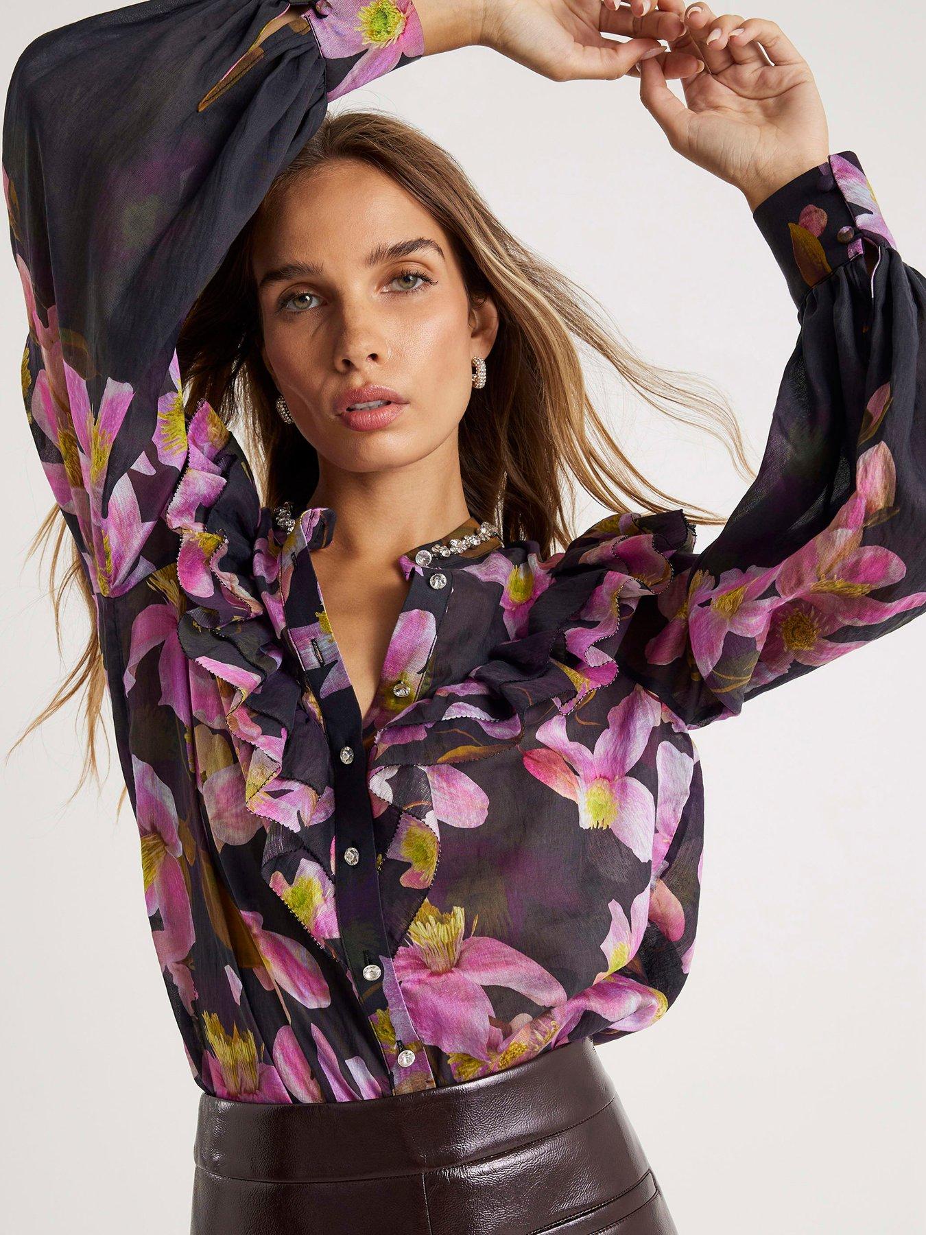 Image 1 of 4 of River Island Embellished Printed Shirt - Purple