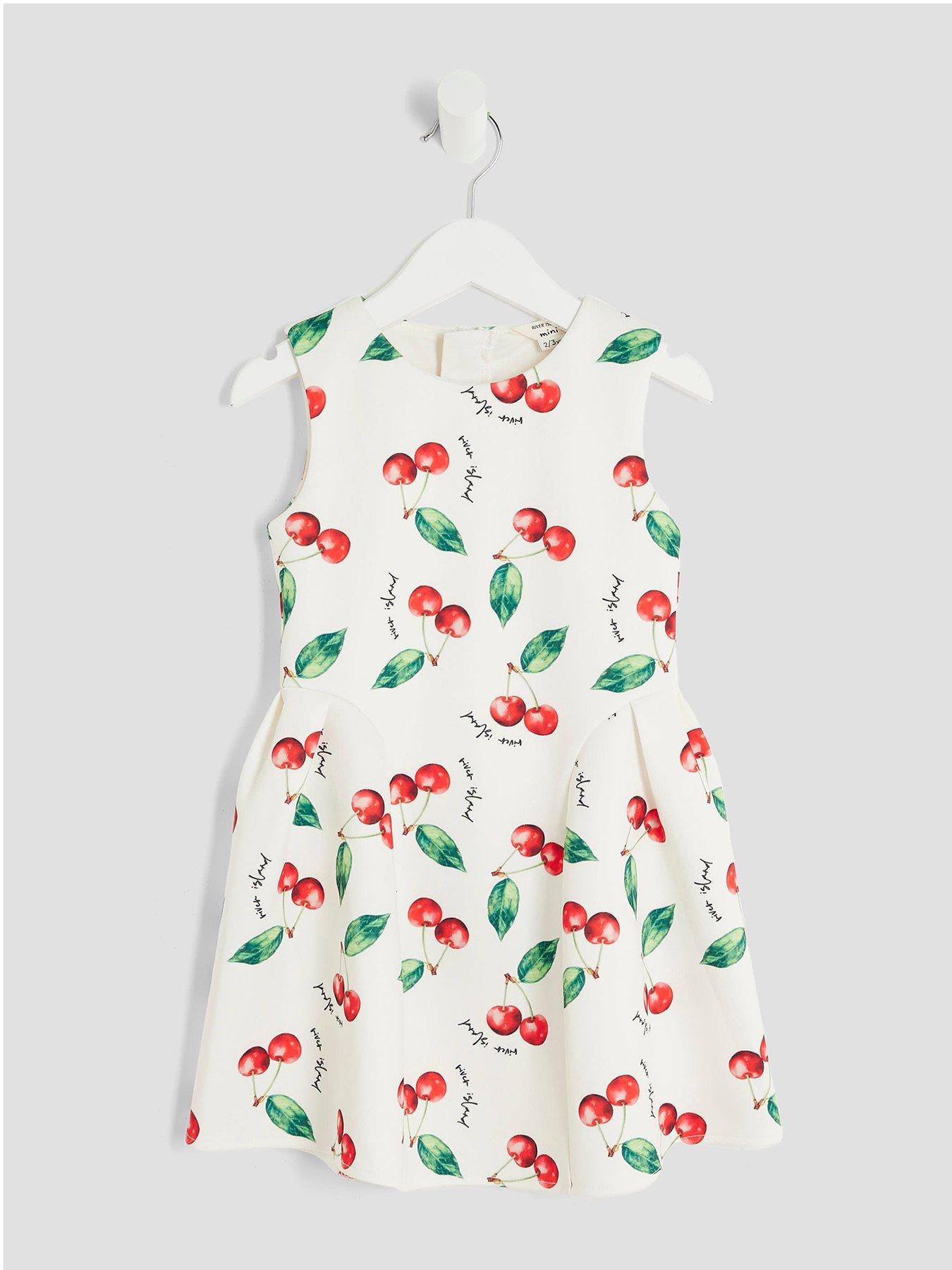 Image 1 of 4 of River Island Mini Girls Ecru Cherry Bow Back Dress - Cream