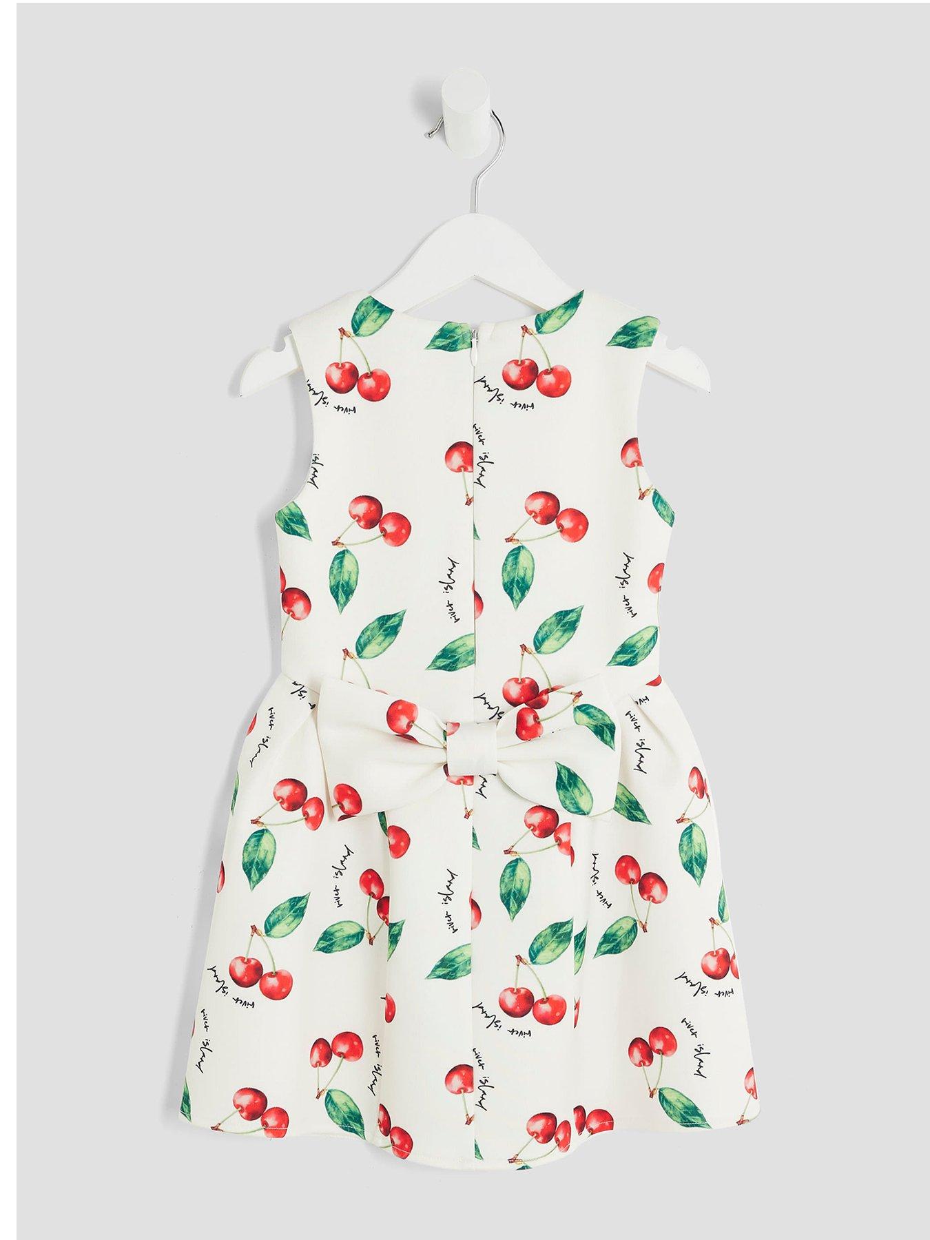 Image 2 of 4 of River Island Mini Girls Ecru Cherry Bow Back Dress - Cream