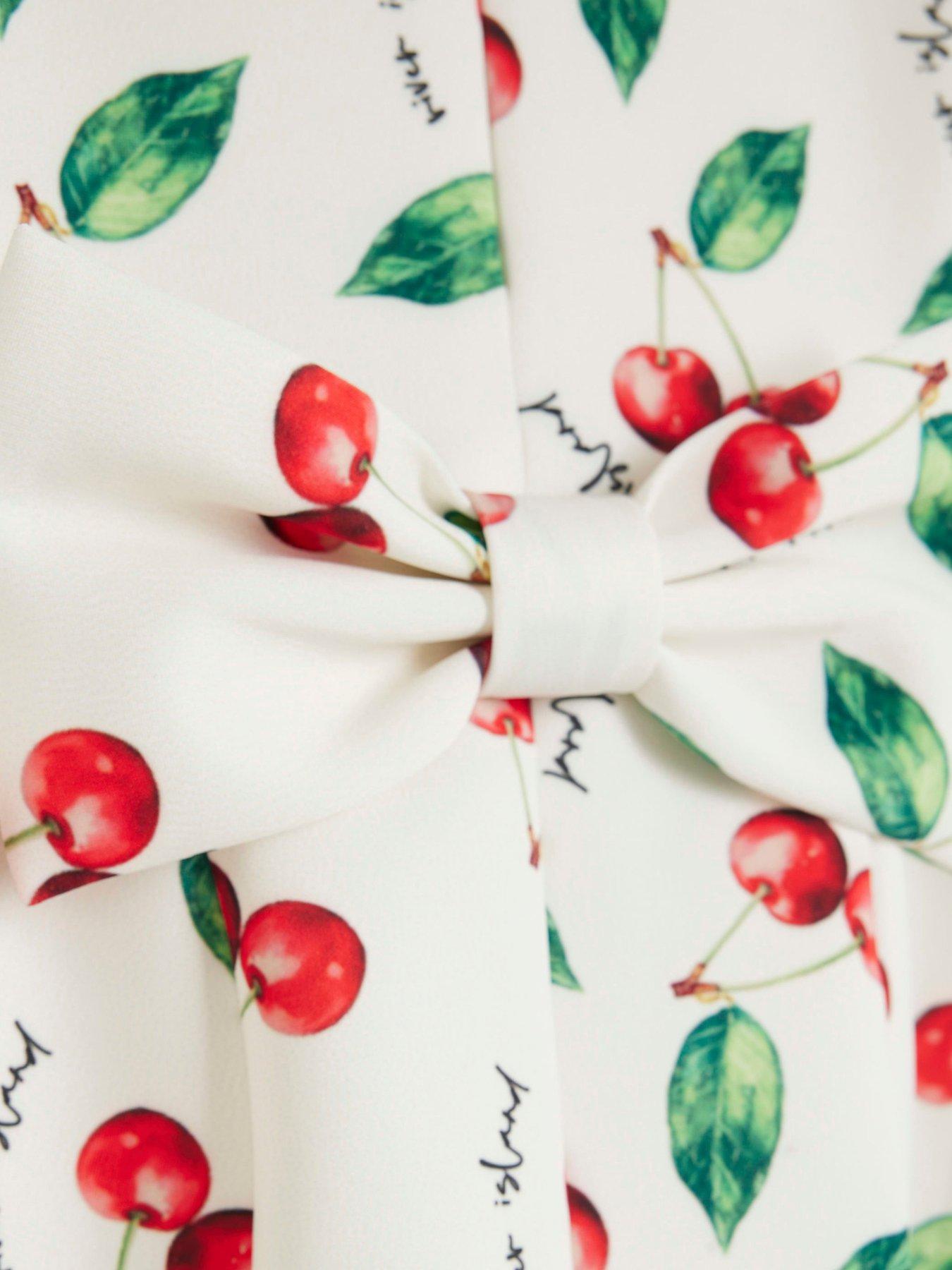 Image 4 of 4 of River Island Mini Girls Ecru Cherry Bow Back Dress - Cream