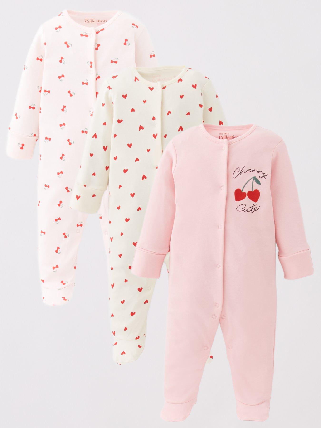 Image 1 of 4 of The Very Collection Baby Girls Fruit Print 3 Pack Cherry Heart Sleepsuits - Pink