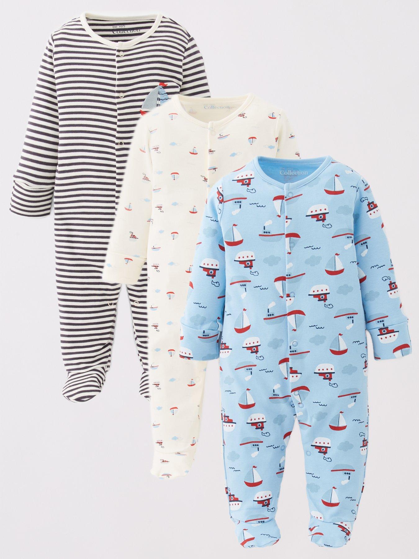  image of the-very-collection-baby-boys-3pk-boat-print-sleepsuits-blue