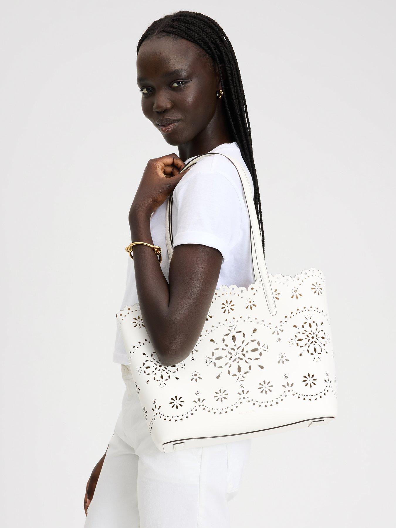 Image 2 of 4 of Kate Spade New York Do It All Flower Perforated Fine Grain Leather Large Tote Bag - White