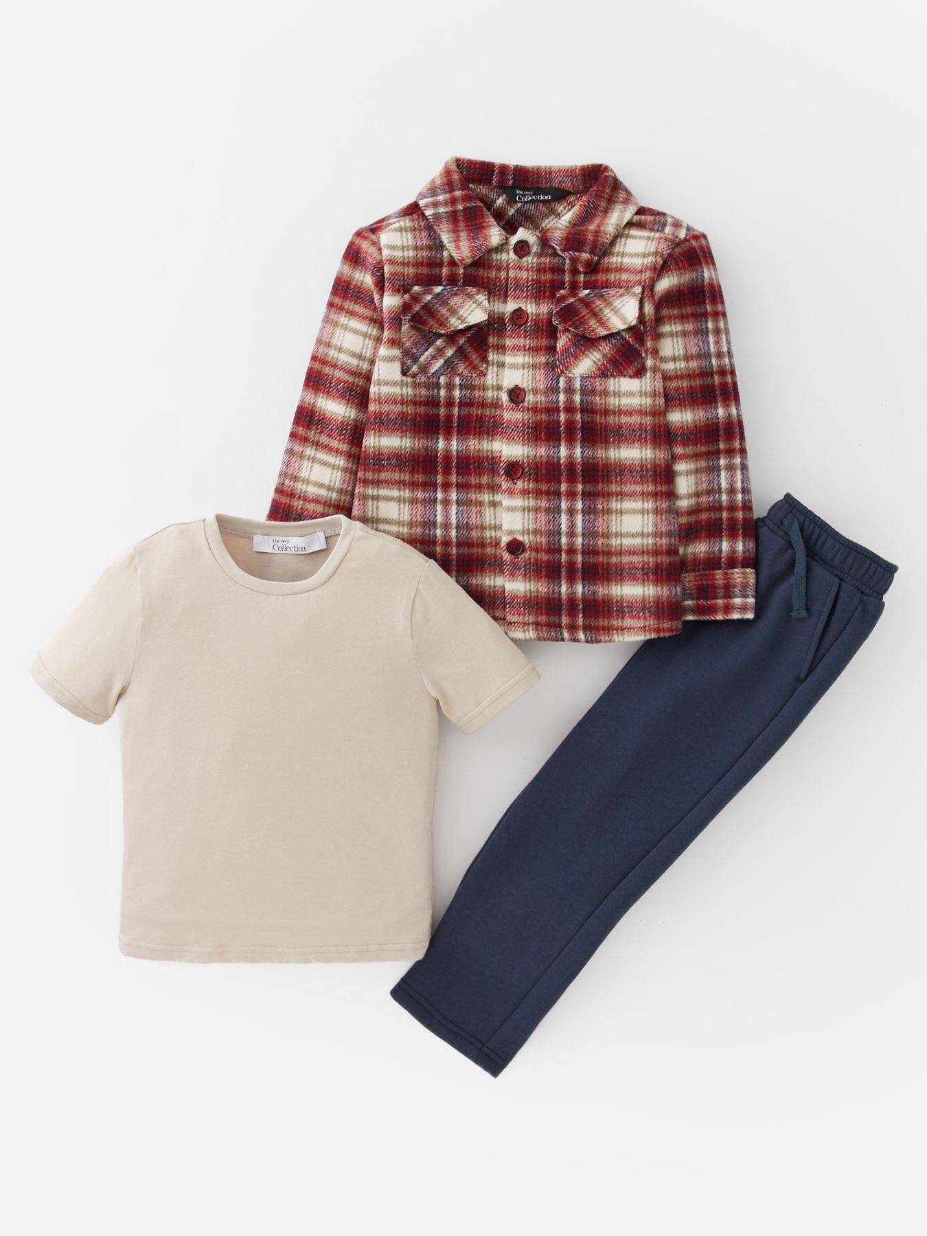 The Very Collection Boys 3 Piece Brushed Check Shacket Tshirt And Joggers Set - Multi