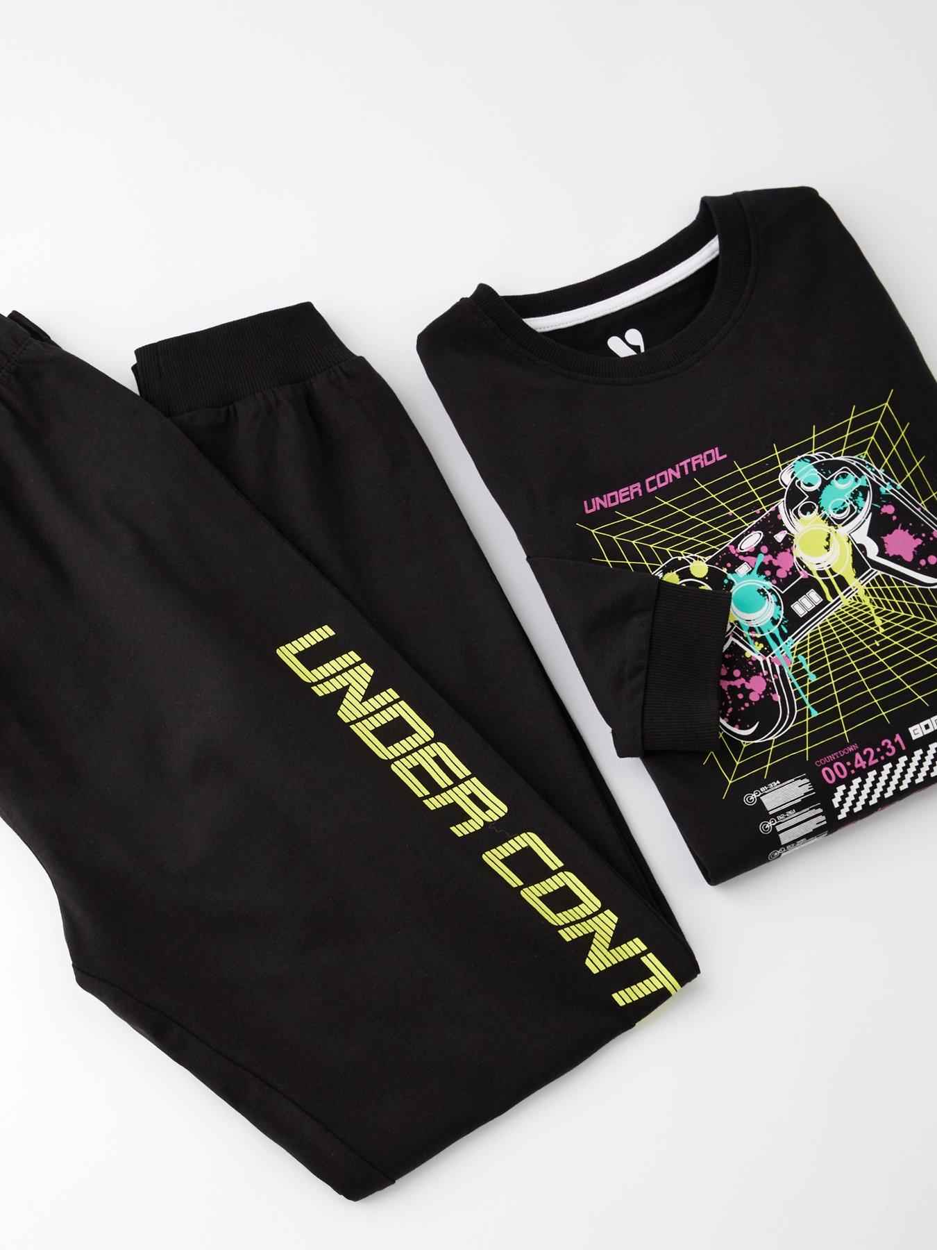  image of the-very-collection-boys-long-sleeve-bright-graphic-gaming-pyjamas-black