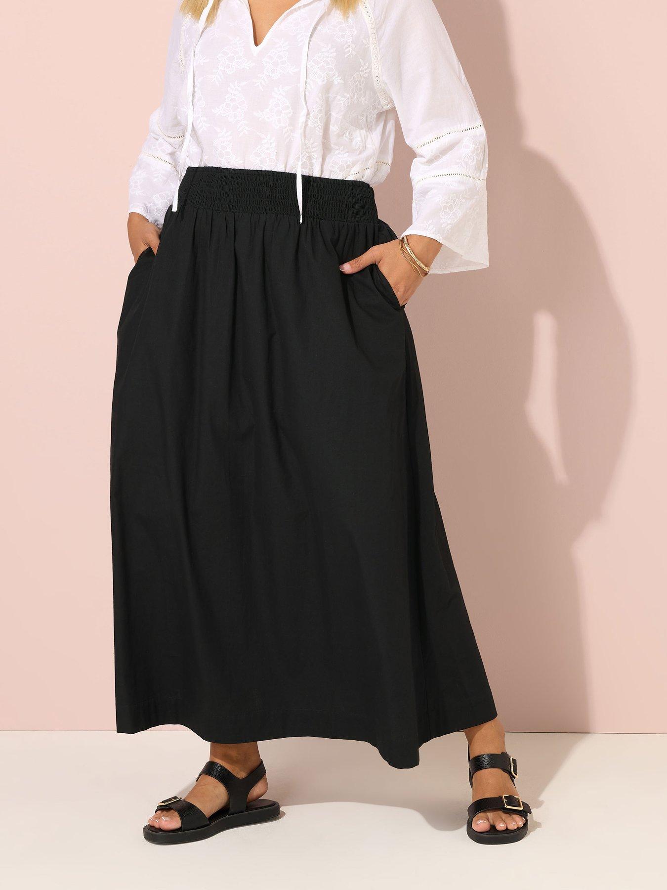undefined Curve Shirred Waist Poplin Skirt - Black