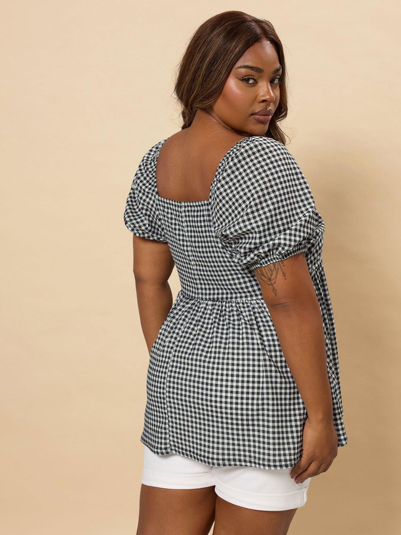 Image 2 of 4 of Yours Curve Textured Gingham Peplum Top - Black