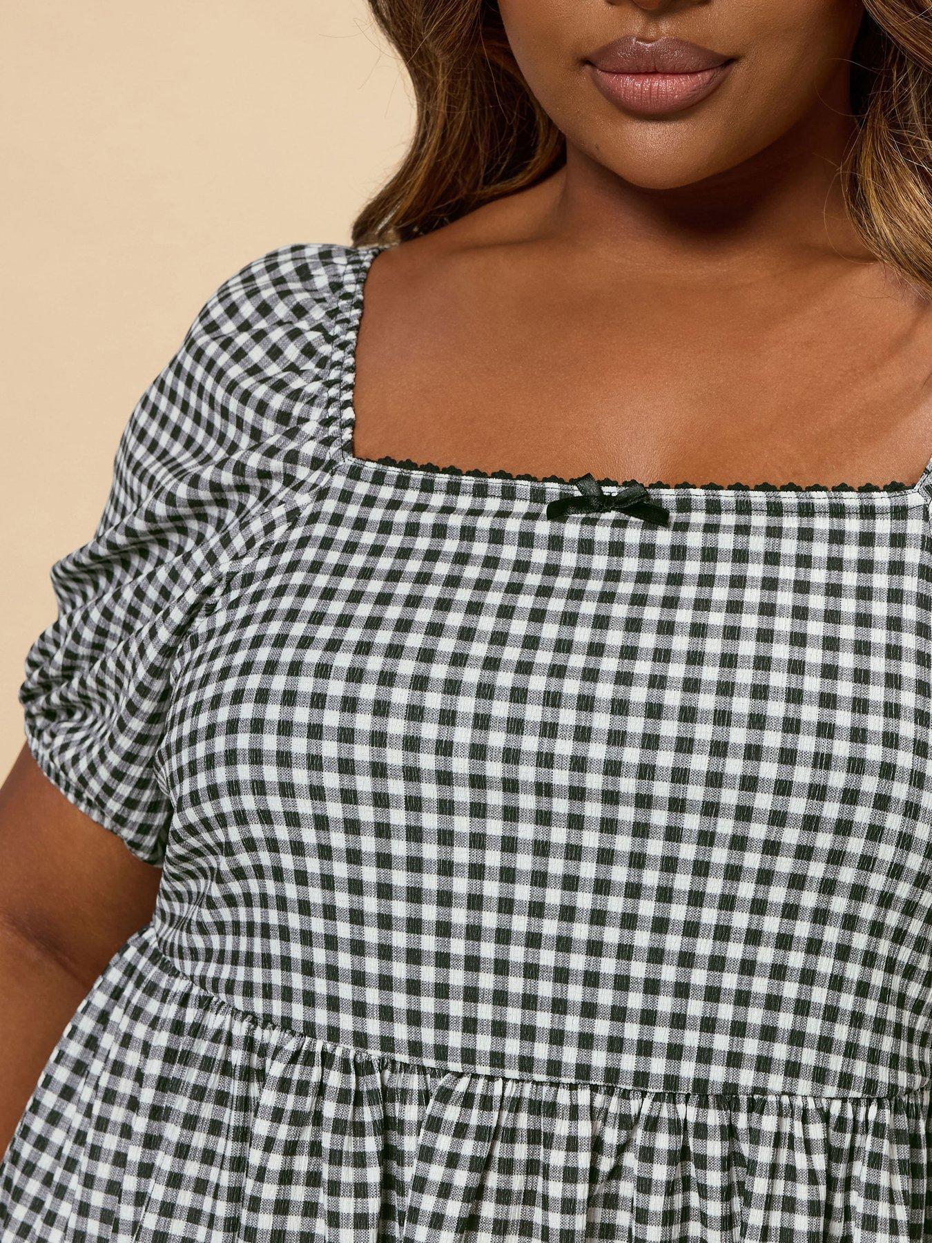 Image 4 of 4 of Yours Curve Textured Gingham Peplum Top - Black