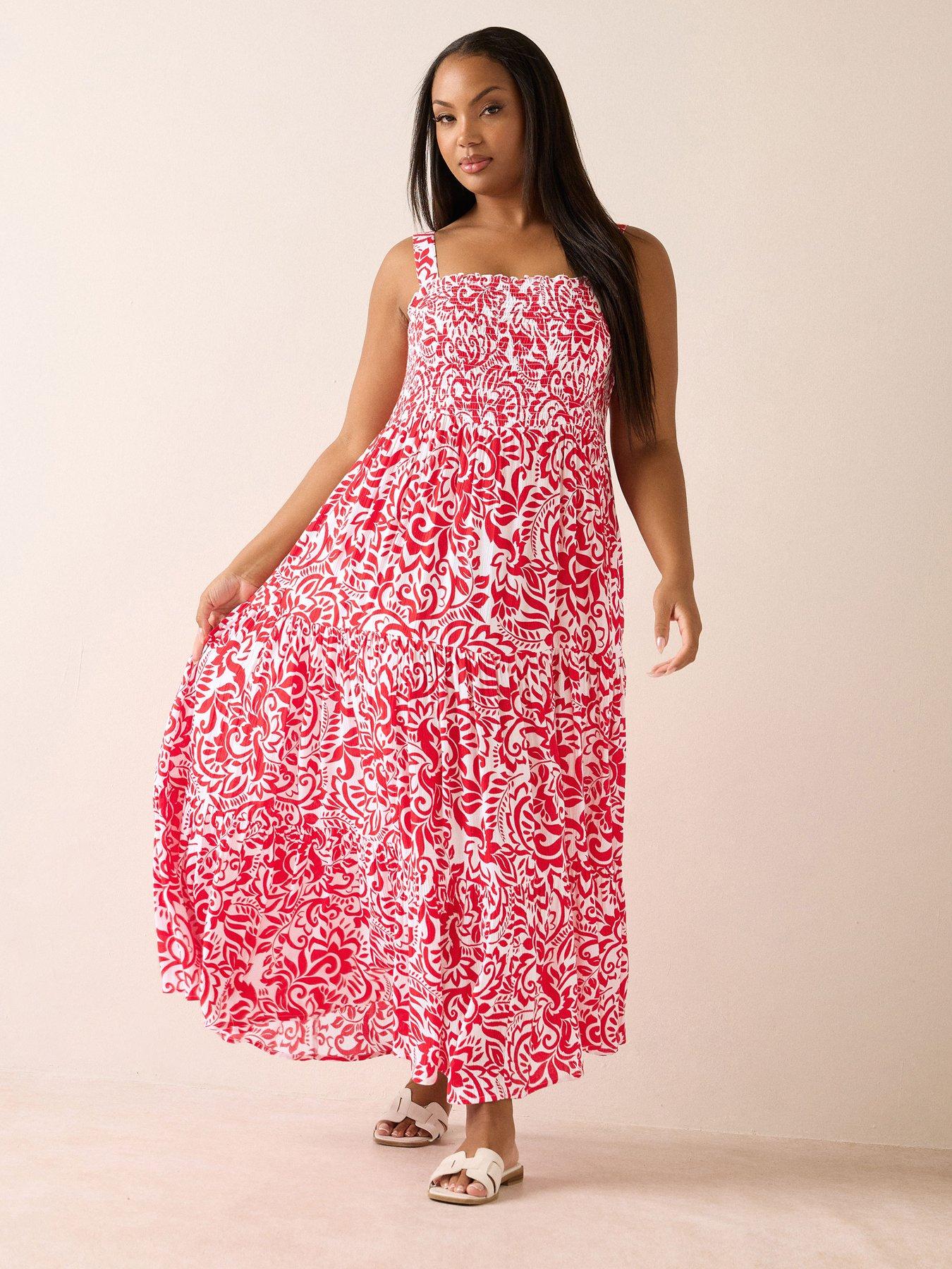 undefined Curve Shirred Strappy Maxi Dress - Red