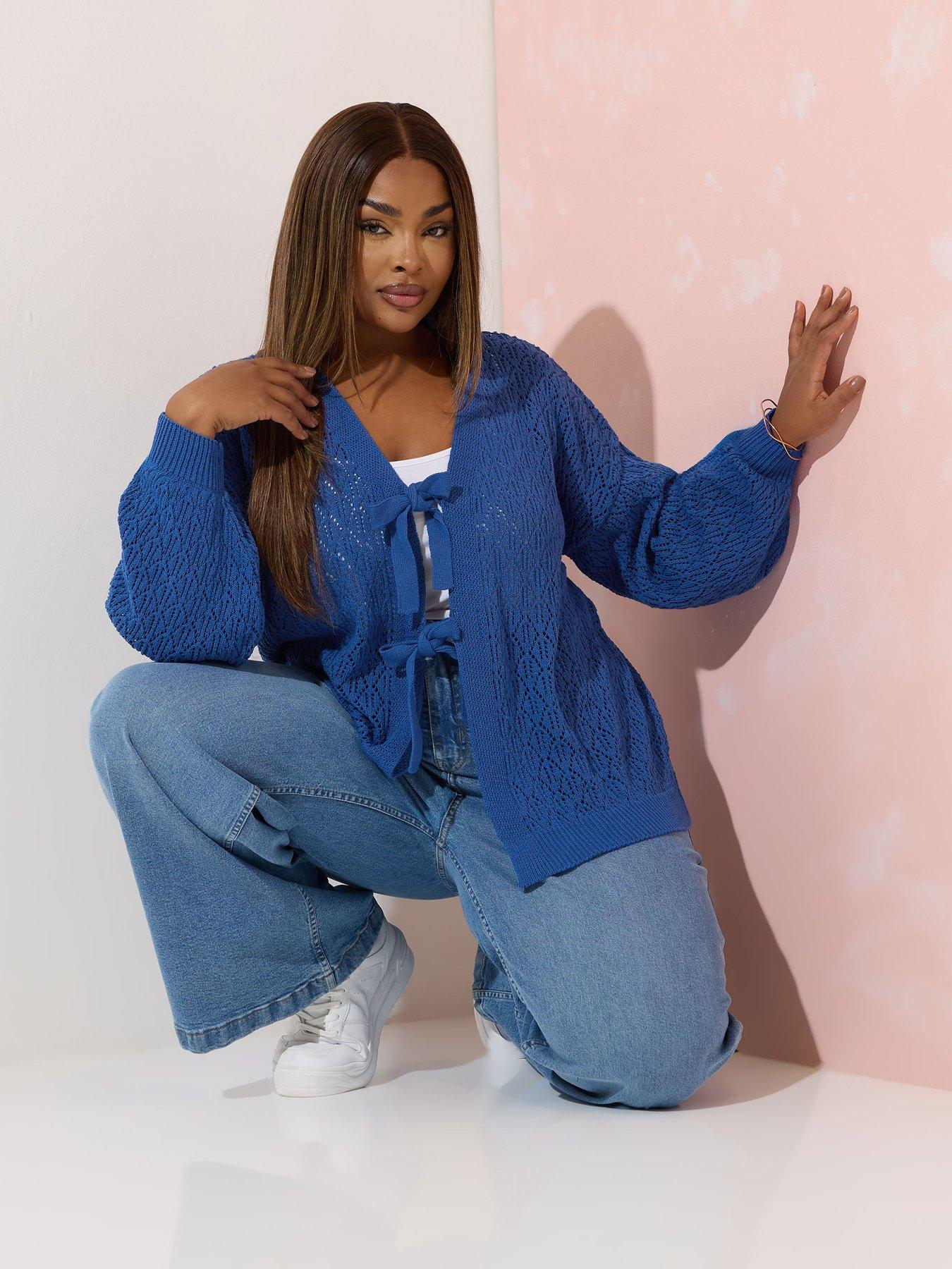 undefined Curve Pointelle Double Tie Cardigan - Blue