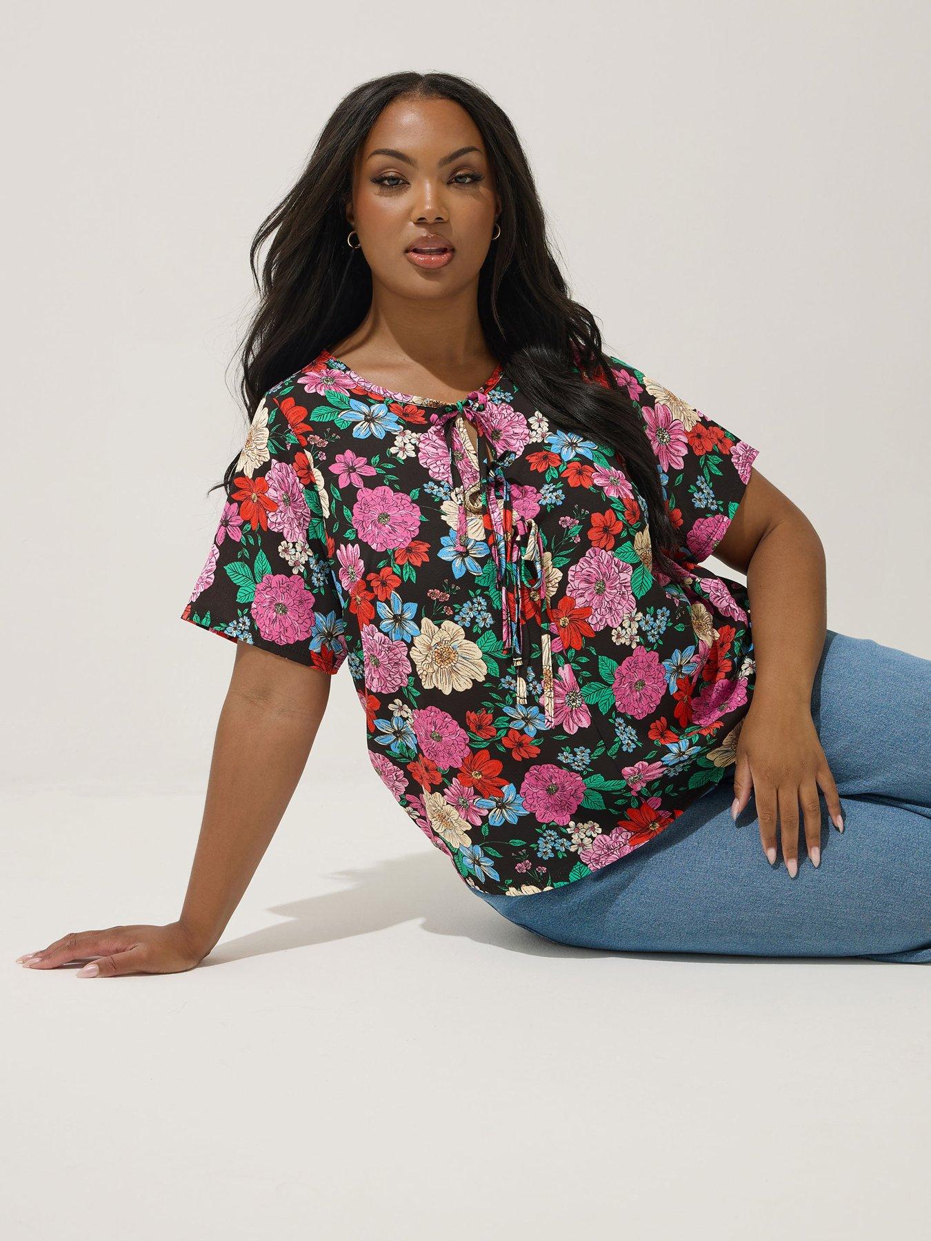 Image 1 of 5 of Yours Curve Floral Tie Short Sleeve Blouse - Black