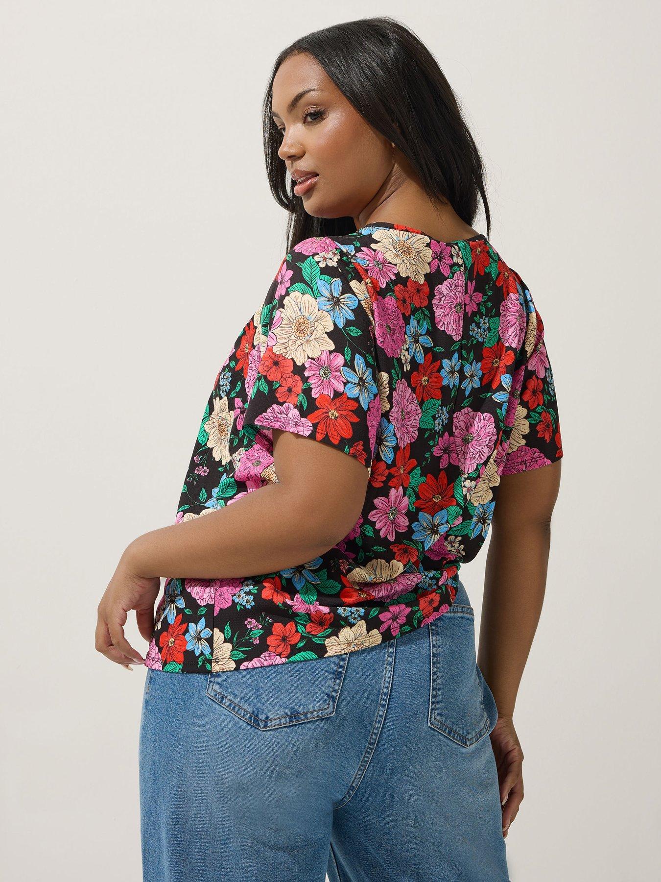 Image 2 of 5 of Yours Curve Floral Tie Short Sleeve Blouse - Black