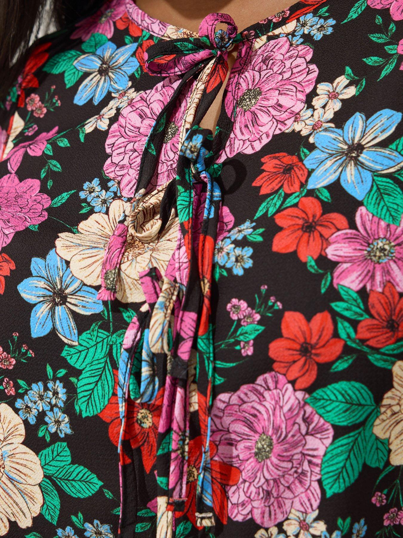 Image 4 of 5 of Yours Curve Floral Tie Short Sleeve Blouse - Black
