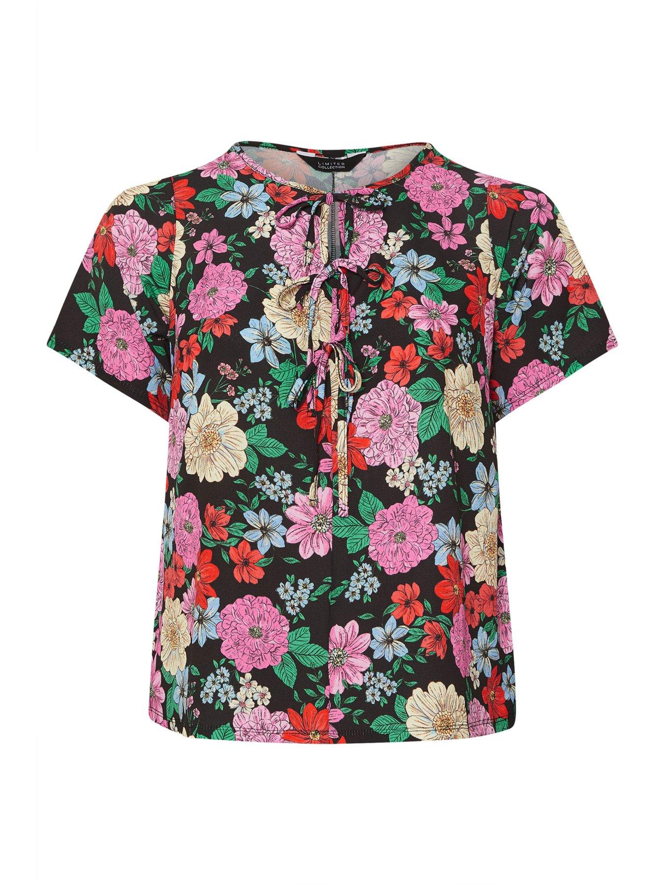 Image 5 of 5 of Yours Curve Floral Tie Short Sleeve Blouse - Black