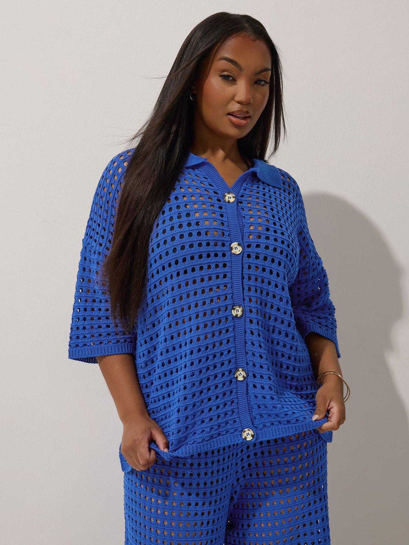  image of yours-curve-button-down-crochet-shirt-blue