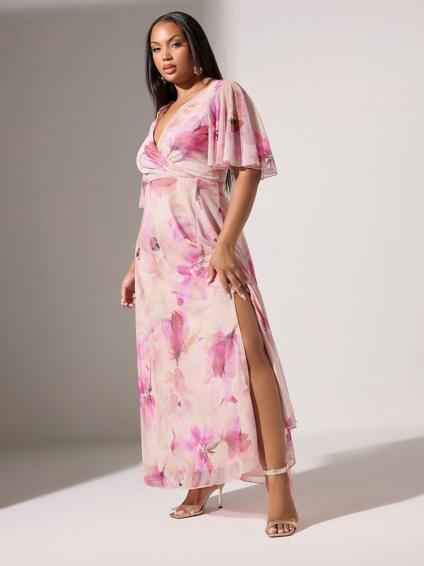 undefined Curve Floral Wrap Mesh Maxi Dress - Pink
