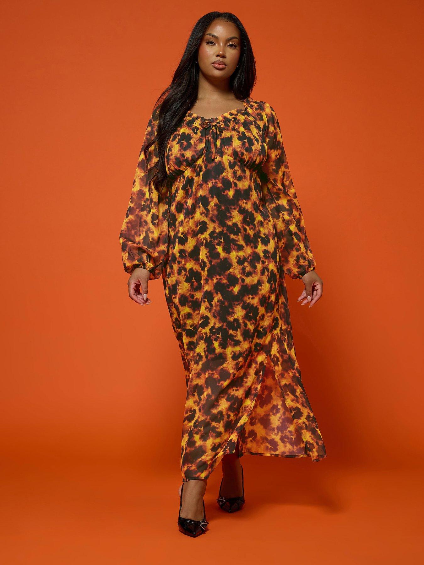 Image 1 of 4 of Yours Curve Tortoise Ruffle Dress - Orange
