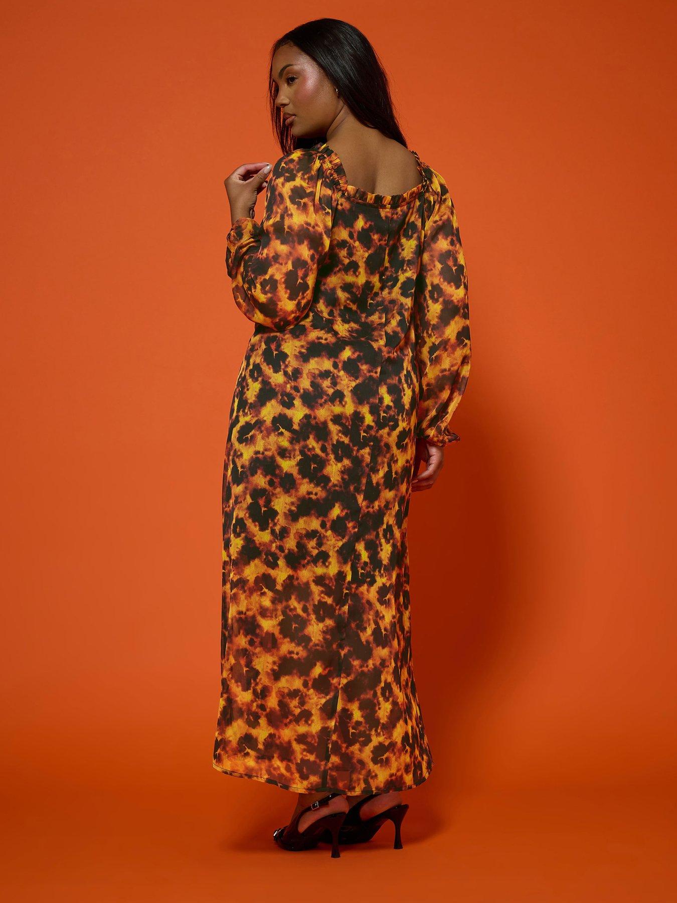 Image 2 of 4 of Yours Curve Tortoise Ruffle Dress - Orange