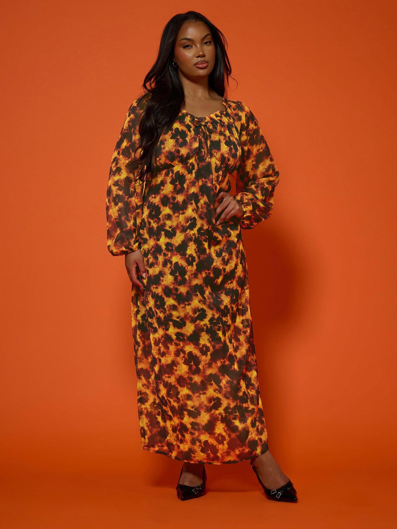 Image 3 of 4 of Yours Curve Tortoise Ruffle Dress - Orange