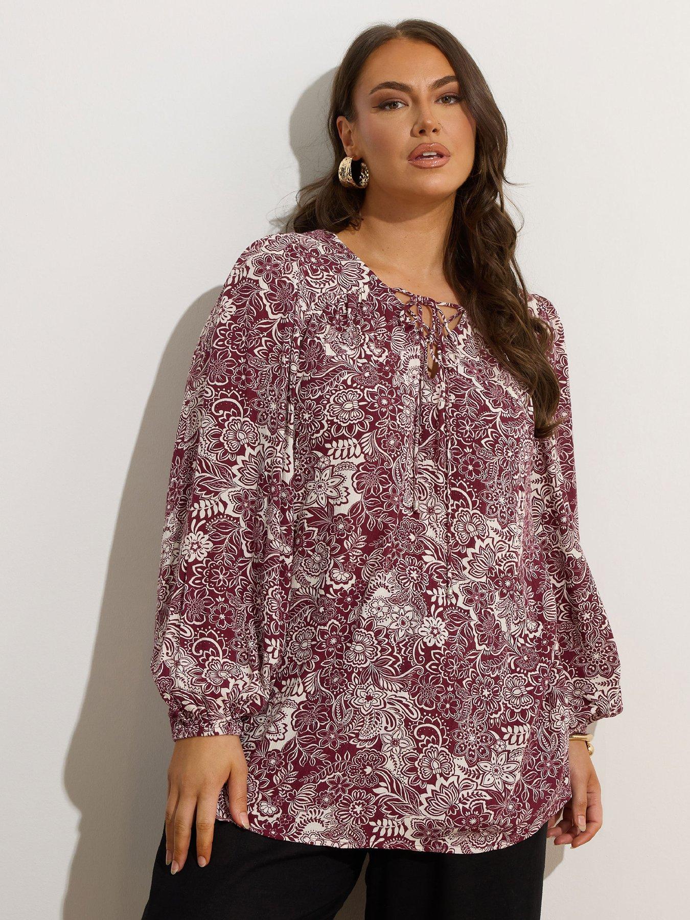 undefined Curve Lattice Smock Blouse - Brown