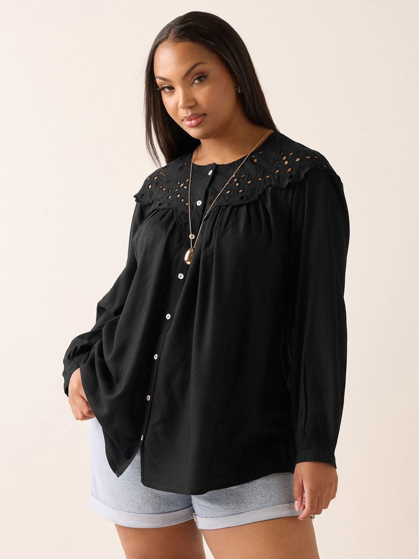 undefined Curve Broderie Panel Blouse - Black