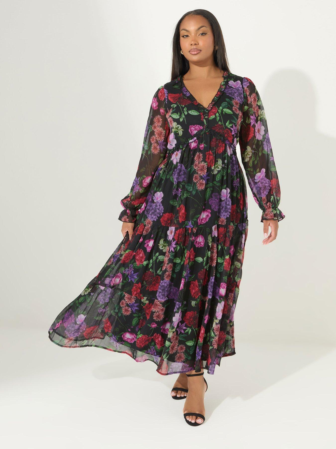 undefined Curve Floral Tiered Midi Dress - Black