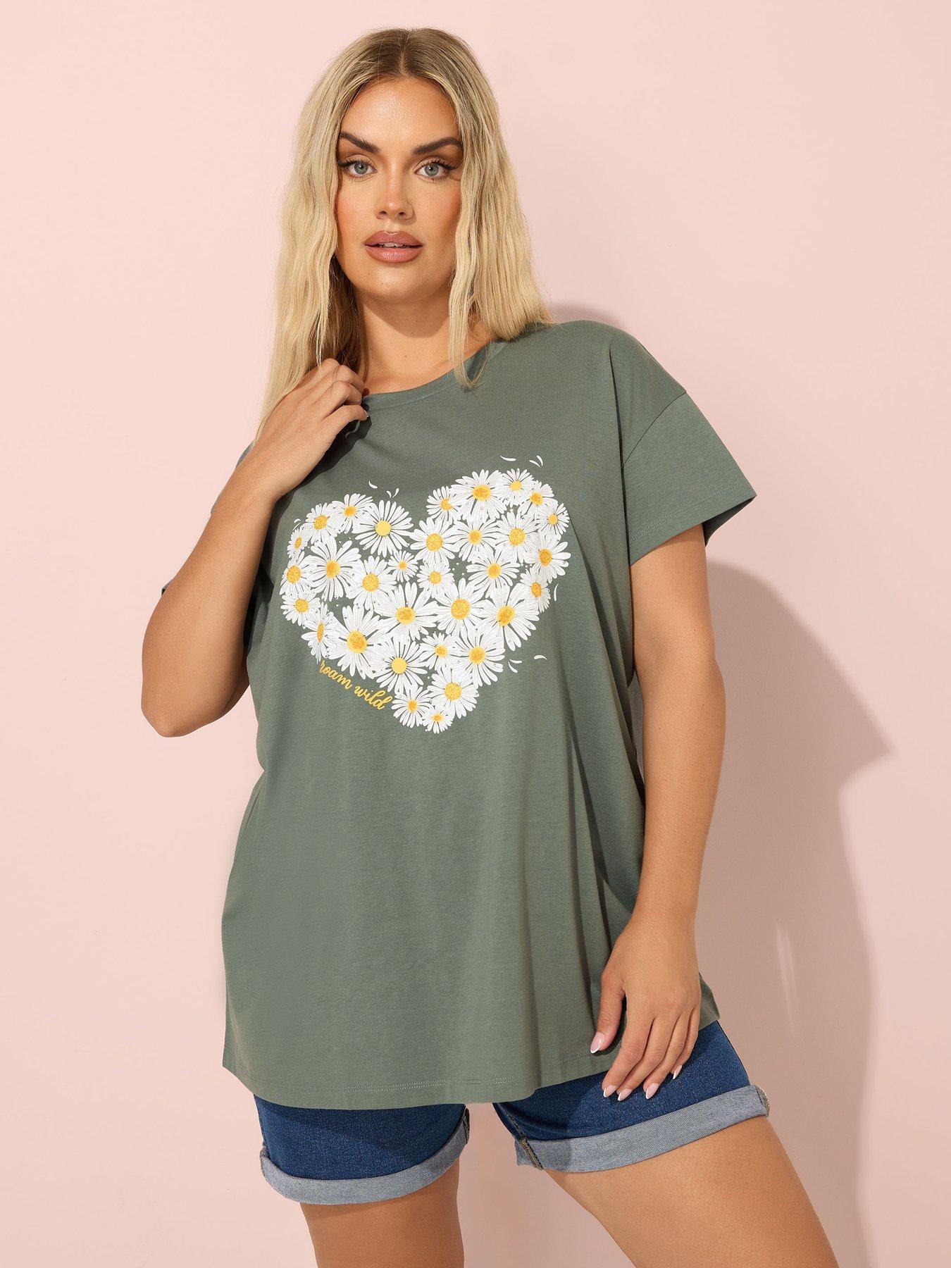 undefined Curve Daisy Placement Print T-Shirt - Khaki Green