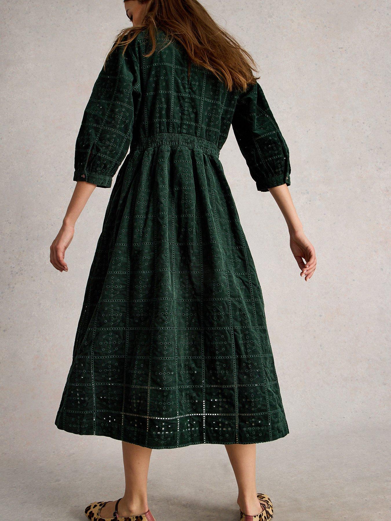 Image 2 of 6 of White Stuff Lucy Embroidered Cord Dress - Green