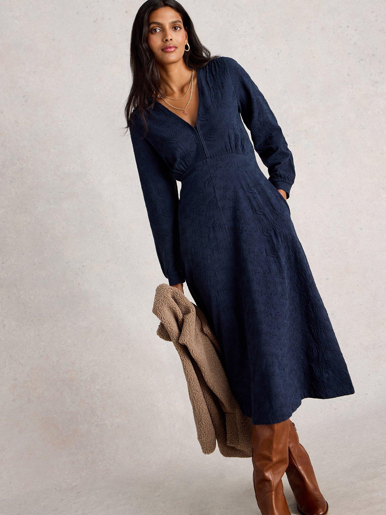 undefined Megan Embroidered Jersey Dress - Navy