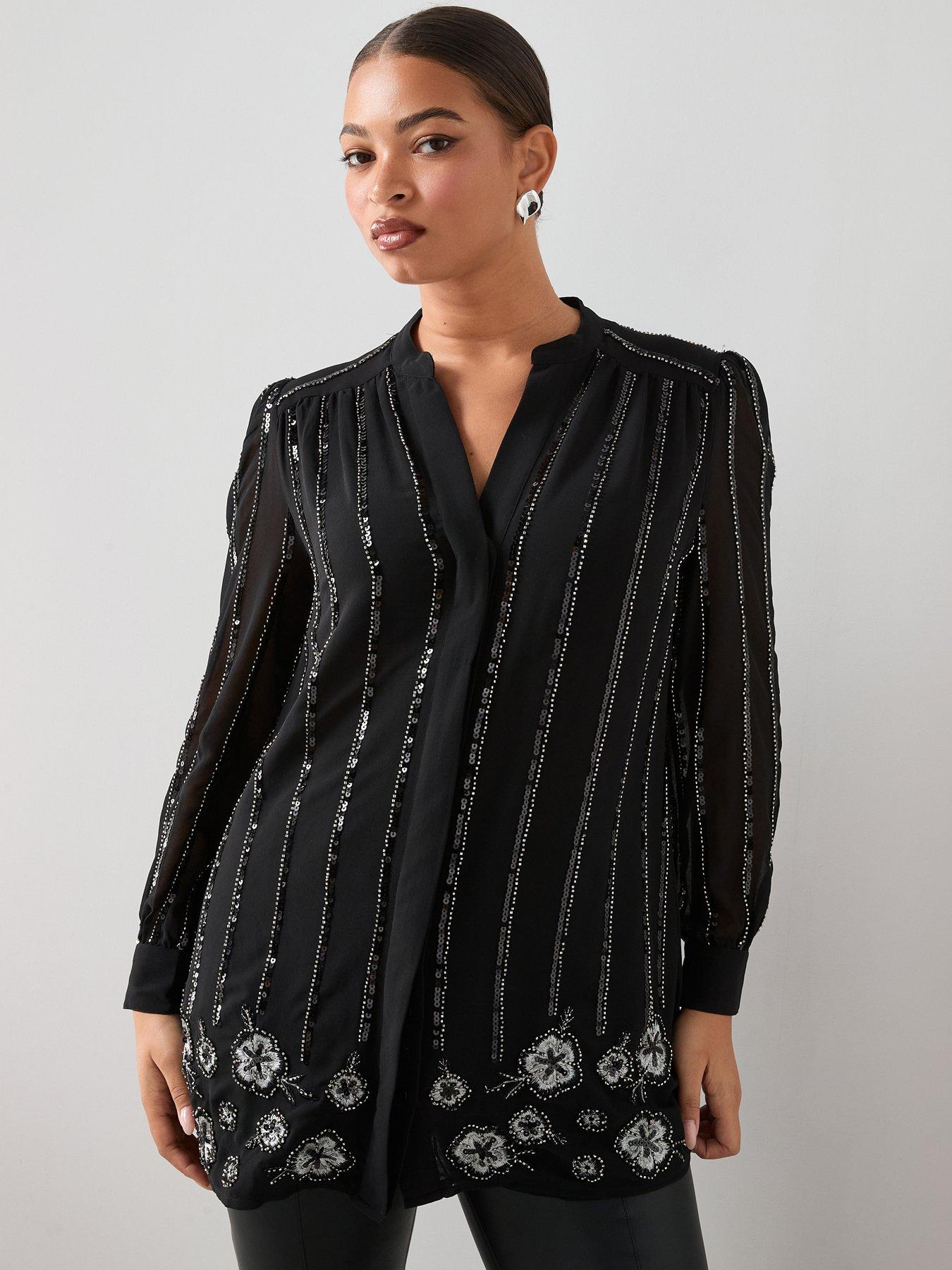  image of the-very-collection-curve-embellished-longline-blouse-black