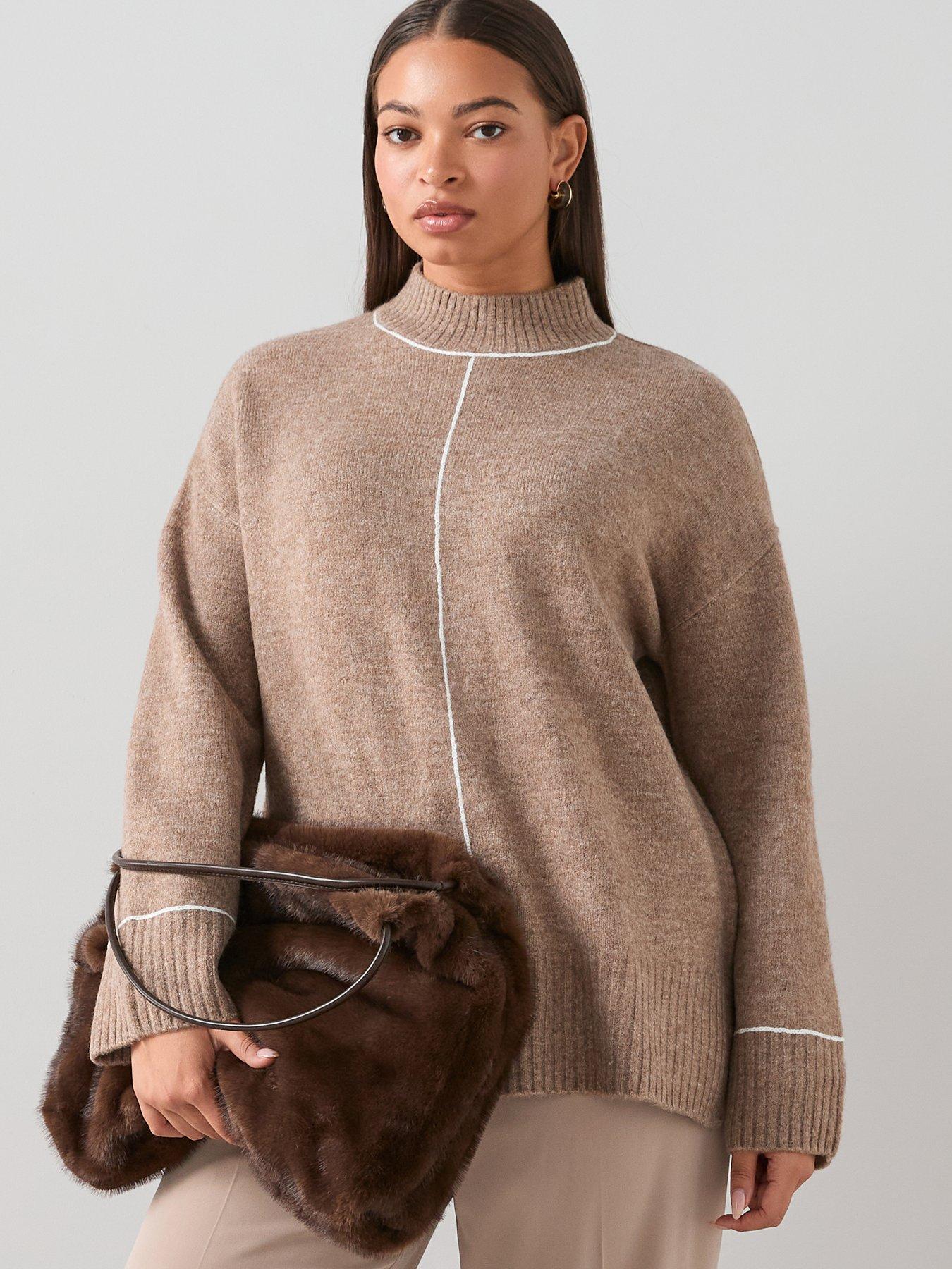  image of the-very-collection-curve-contrast-stitch-longline-jumper-beige